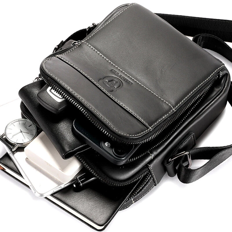 (image for) BULLCAPTAIN Genuine Leather Men Shoulder Bags Vintage Small Flap Crossbody Briefcase Handbag Vintage Messenger Bag