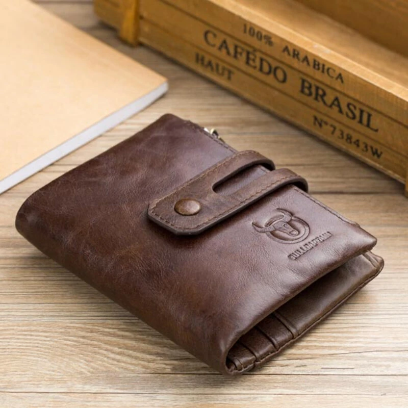 (image for) BULLCAPTAIN Mens Retro Genuine Leather Wallet RFID Anti-thef Multicard Slot Wallet Card Holder Double Zipper Coin Purse Cowhide Leather Wallet